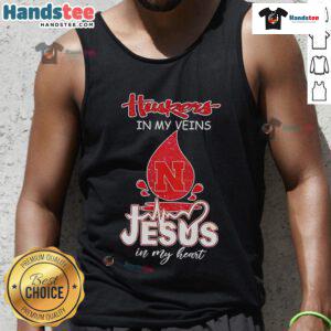 Nice Nebraska Husker in My Veins Jesus in My Heart tank top displayed on a mannequin, perfect for fans and casual wear.