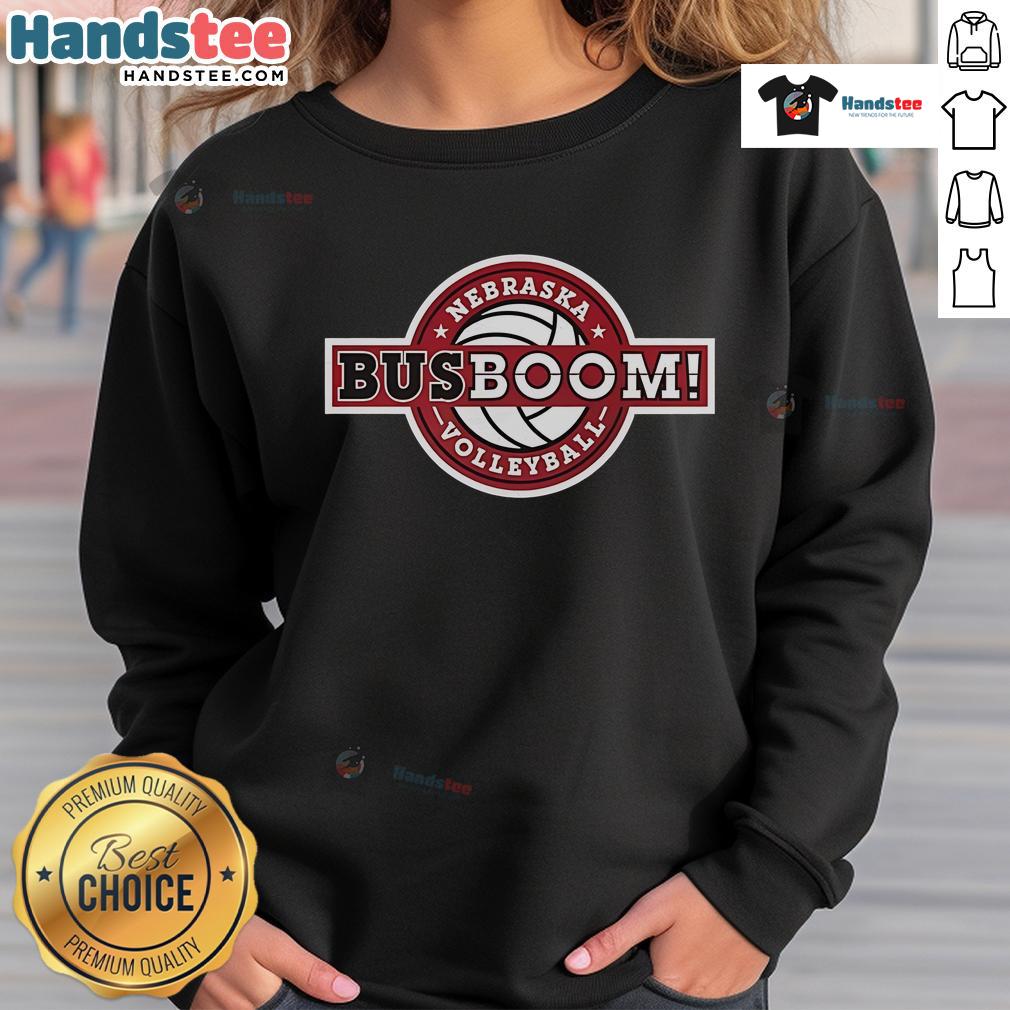 Nice Nebraska Volleyball Bus Boom Sweatshirt featuring vibrant team colors and logo, perfect for fans and athletes.