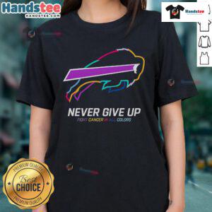 Buffalo Bills ladies tee with 'Nice Never Give Up Fight Cancer' design in vibrant colors, perfect for supporters.