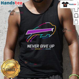 Colorful Buffalo Bills tank top with 'Nice Never Give Up Fight Cancer' slogan, perfect for supporting cancer awareness.
