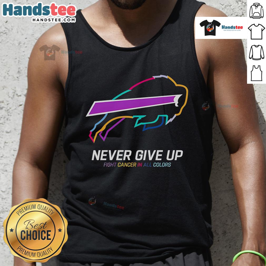 Colorful Buffalo Bills tank top with 'Nice Never Give Up Fight Cancer' slogan, perfect for supporting cancer awareness.
