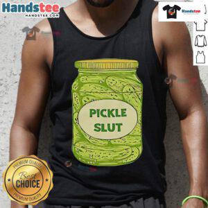 Nice Pickle Slut jar of cucumbers tank top design featuring vibrant graphics and playful text for pickle enthusiasts.