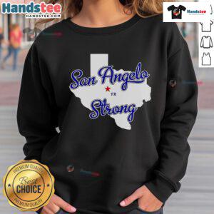 Cozy Nice San Angelo Strong Texas sweatshirt in navy blue, featuring a bold Texas graphic design.