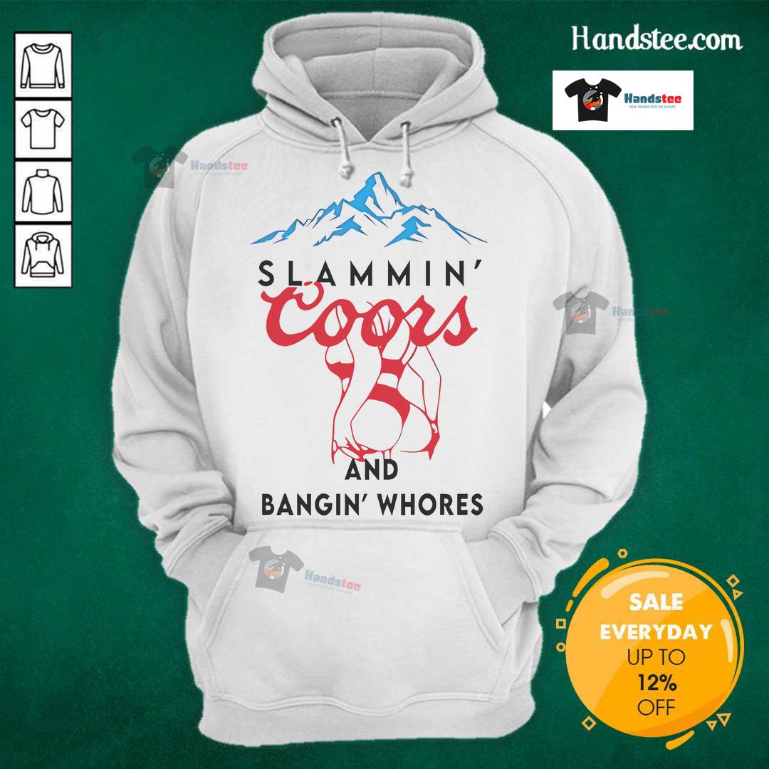 Stylish Nice Slammin Coors and Bangin Whores hoodie displayed on a model, perfect for casual outings and beer lovers.
