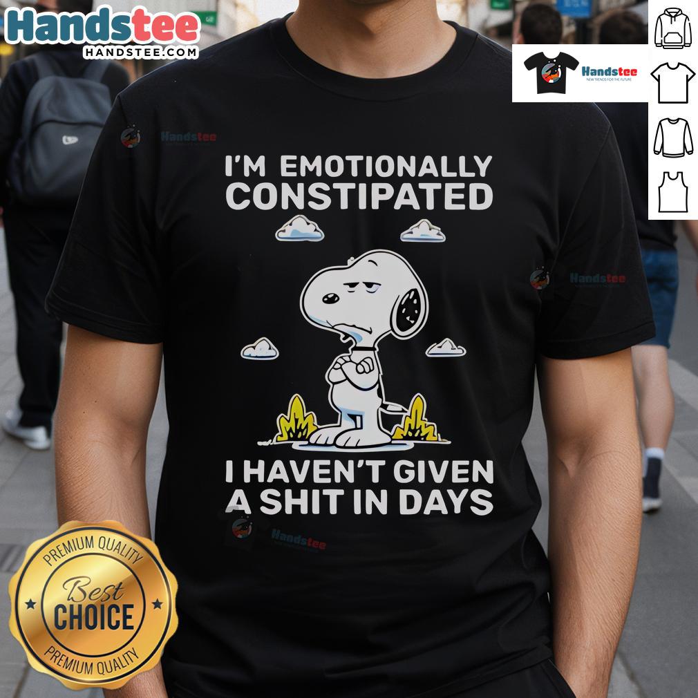 Snoopy graphic t-shirt with 'I'm Emotionally Constipated, I Haven't Given A Shit In Days' text design.