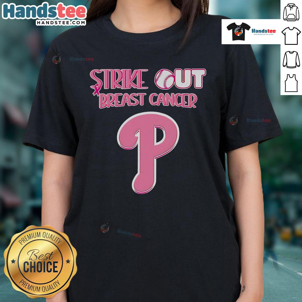 Philadelphia Phillies Ladies Tee celebrating breast cancer awareness with 'Nice Strike Out Breast Cancer' design.