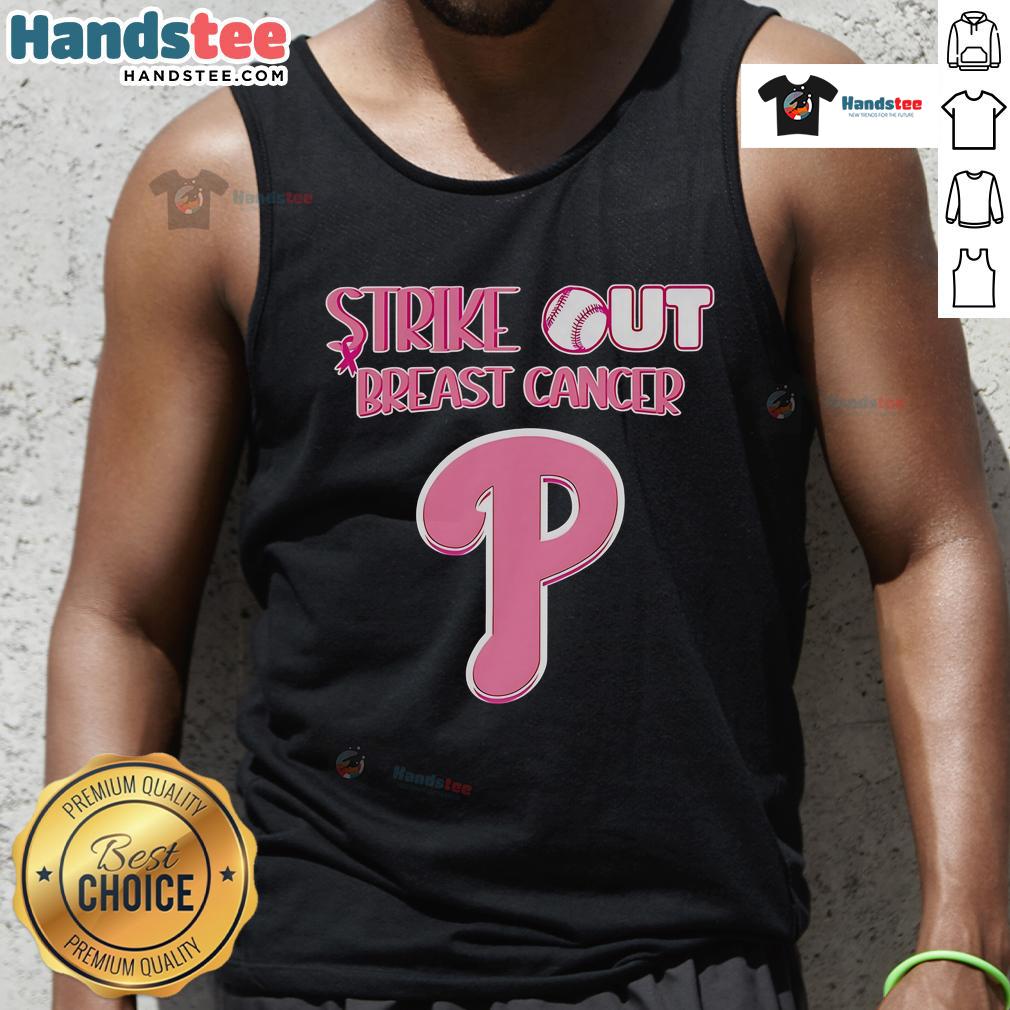 Philadelphia Phillies tank top featuring 'Nice Strike Out Breast Cancer' design, perfect for fans supporting the cause.