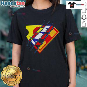 Alt Text: Stylish Nice Superman Premiere Logo Ladies Tee featuring a vibrant design perfect for fans and casual wear.