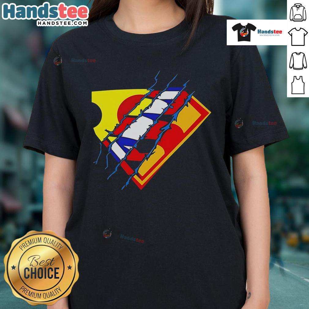 Alt Text: Stylish Nice Superman Premiere Logo Ladies Tee featuring a vibrant design perfect for fans and casual wear.