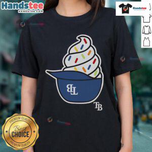 Alt Text: Ladies tee featuring Tampa Bay Rays ice cream helmet design, perfect for baseball fans and summer outings.