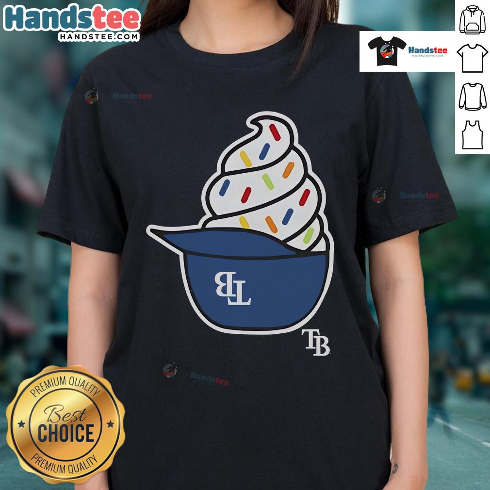 Alt Text: Ladies tee featuring Tampa Bay Rays ice cream helmet design, perfect for baseball fans and summer outings.