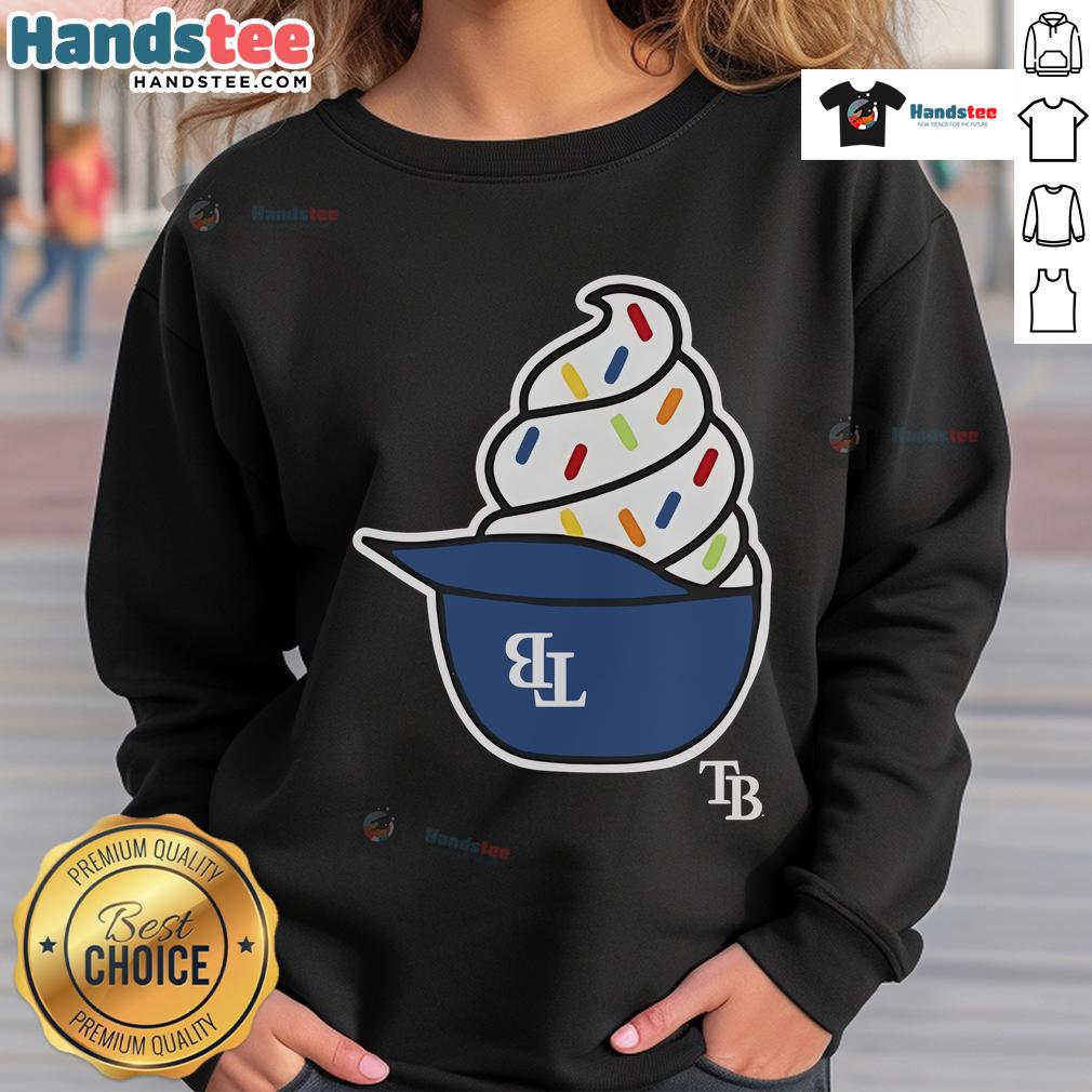 Nice Tampa Bay Rays ice cream helmet sweatshirt featuring team colors and logo, perfect for baseball fans.