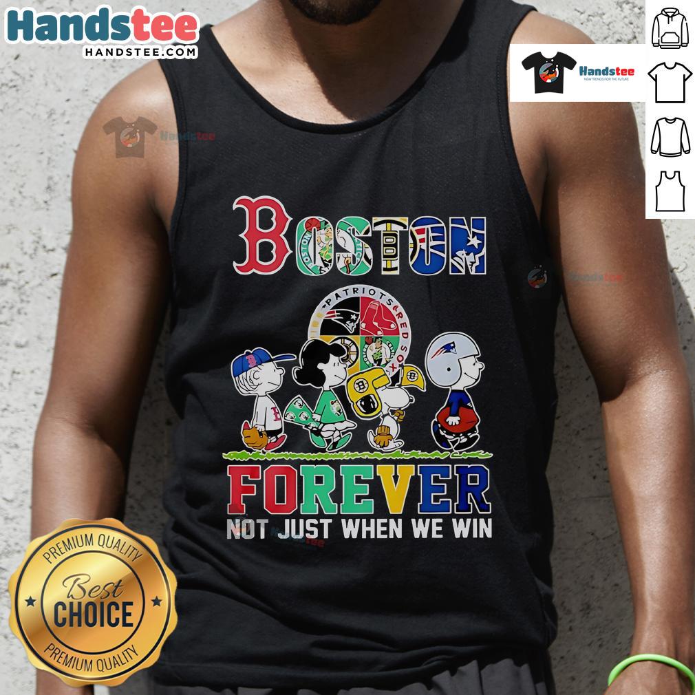Alt Text: Nice The Peanuts Boston sports teams tank top featuring 'Crossing Forever, Not Just When We Win' slogan.