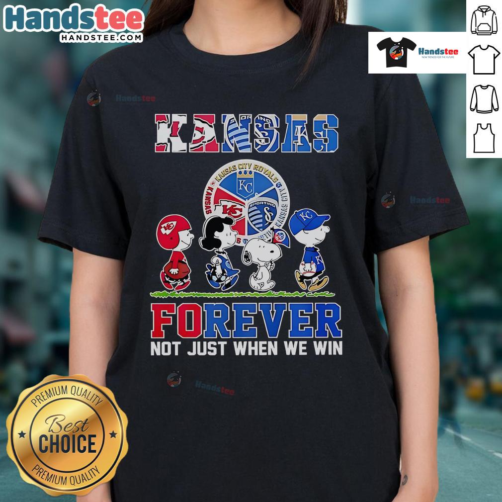 Nice The Peanuts Kansas Sports Teams tee for ladies, celebrating sports pride with 'Crossing Forever' slogan.