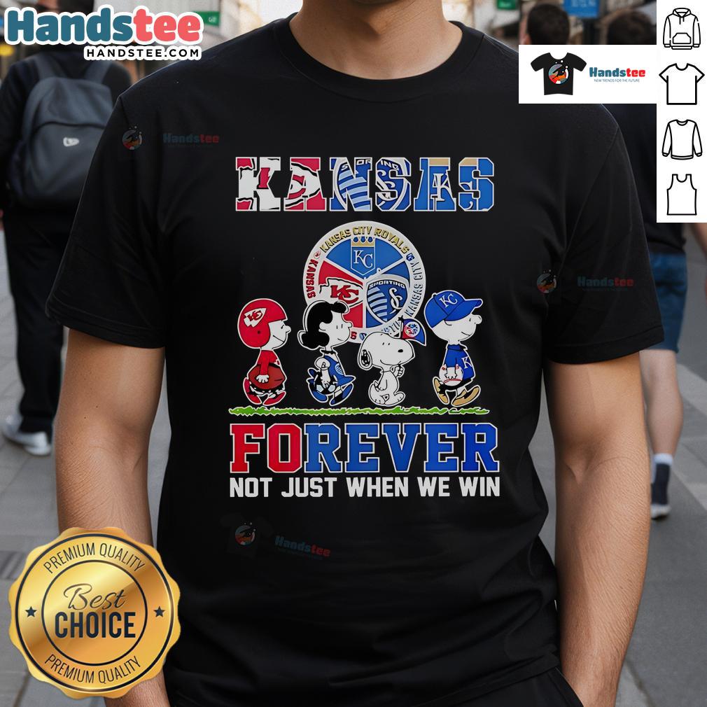 Alt Text: Nice The Peanuts Kansas Sports Teams Crossing Forever T-Shirt celebrating loyalty beyond winning.