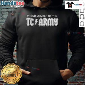 Alt Text: Tom Caron wearing a metal hoodie, proudly showcasing his membership in the TC Army.