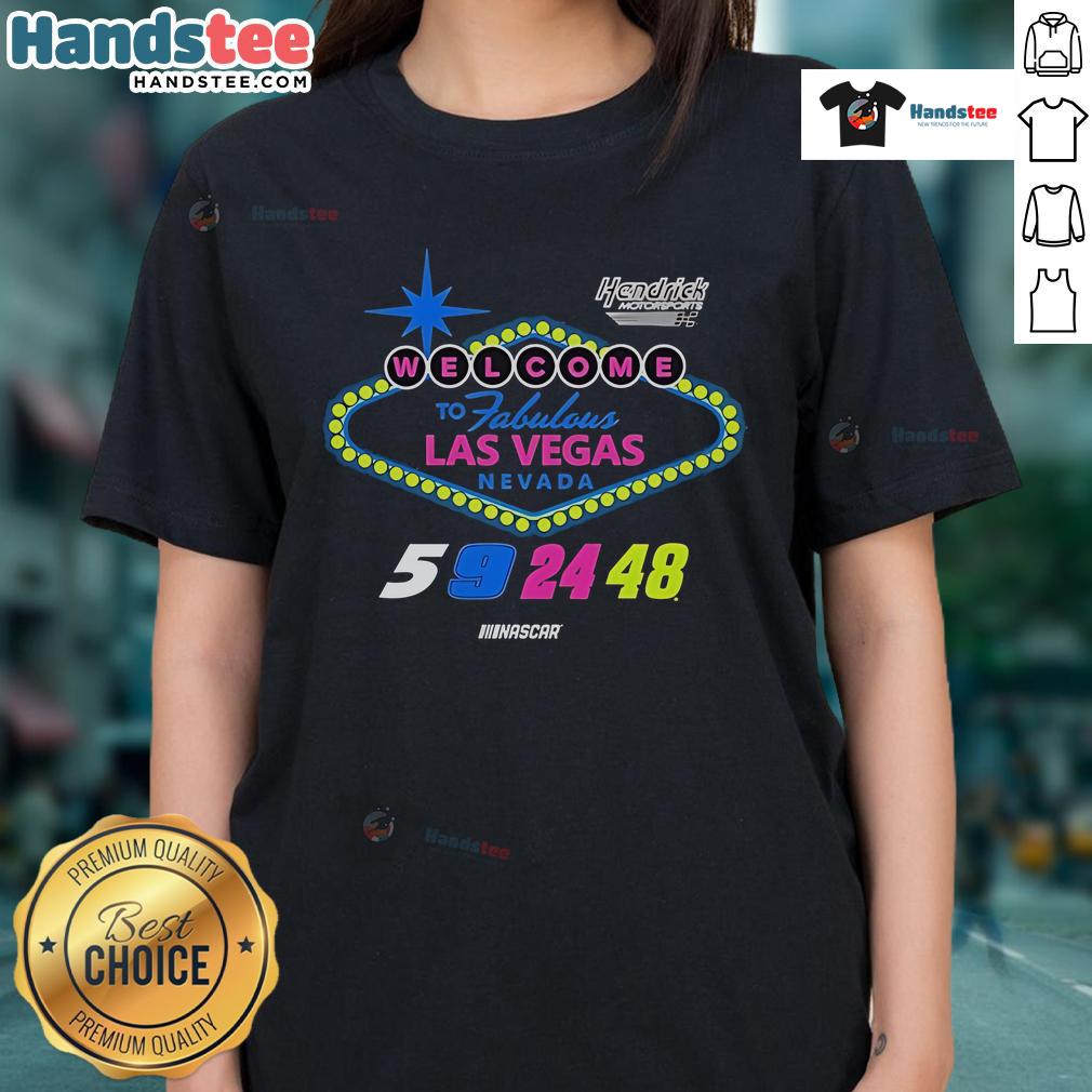 Womens tee featuring 'Welcome to Fabulous Las Vegas' design, perfect for NASCAR fans and Hendrick Motorsports supporters.
