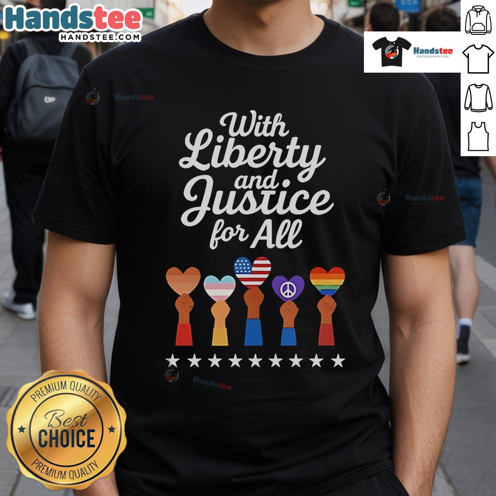 Alt Text: Nice With Liberty And Justice For All Logos T-Shirt featuring patriotic designs and vibrant colors for casual wear.