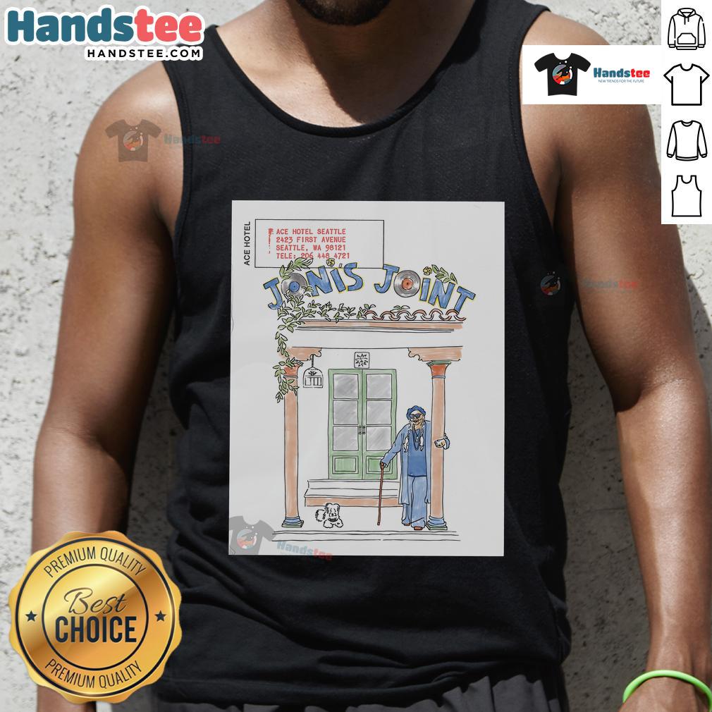 Alt Text: Joni Mitchell-inspired tank top at ACE Hotel Seattle on First Avenue, showcasing a vibrant design at Jonis Joint.