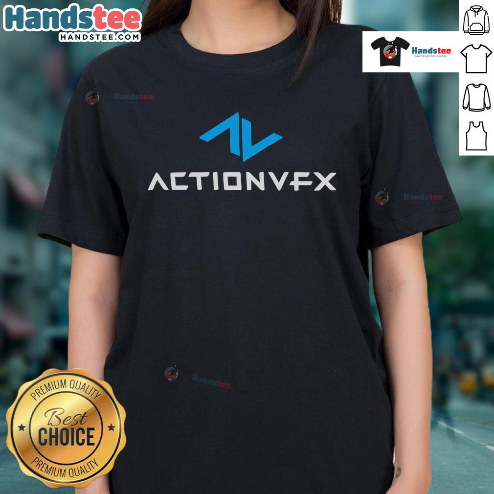 Alt Text: Official ActionVFX logo on a stylish ladies tee, perfect for fans of visual effects and filmmaking.