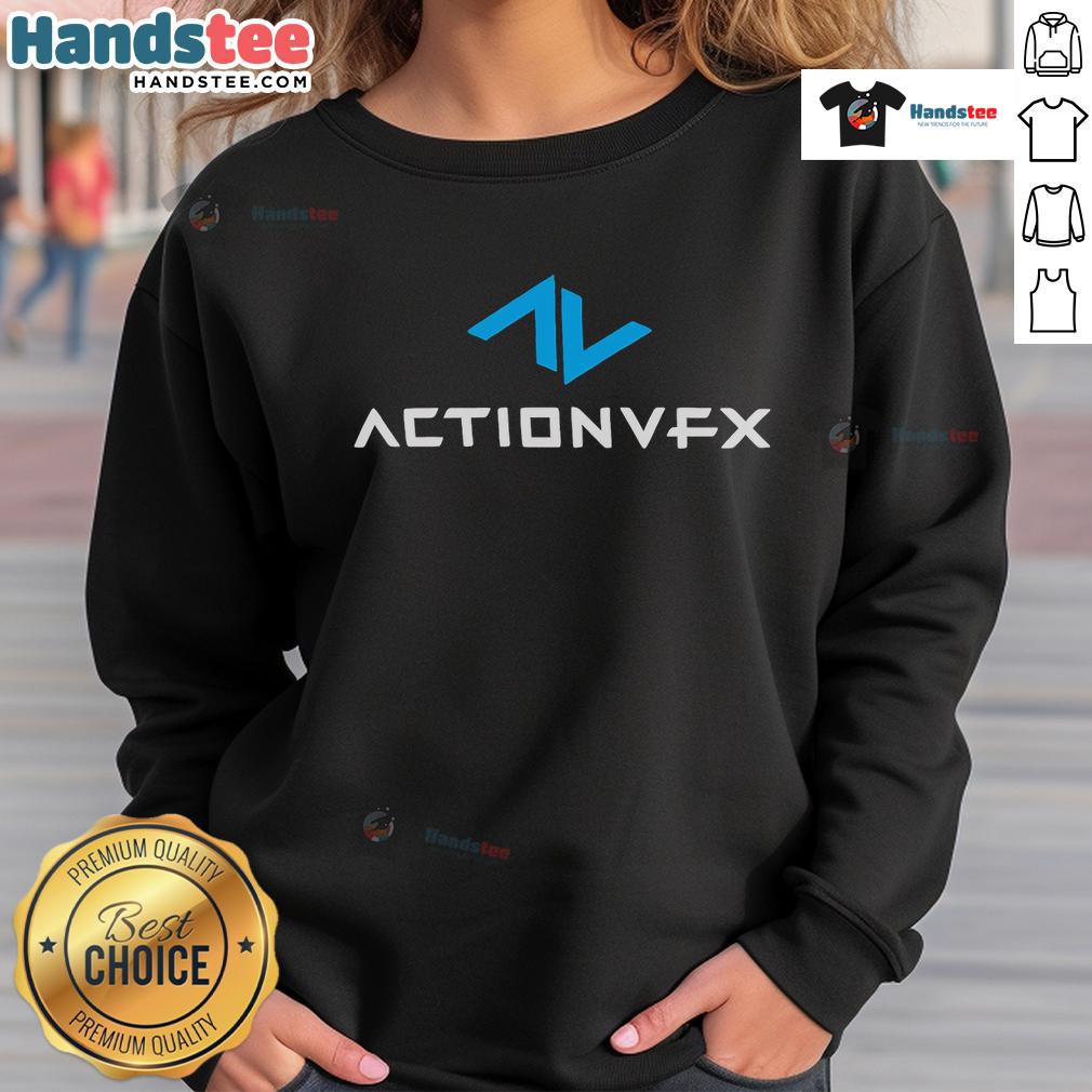 Alt Text: Official ActionVFX logo sweatshirt featuring a stylish design, perfect for fans and creators of visual effects.