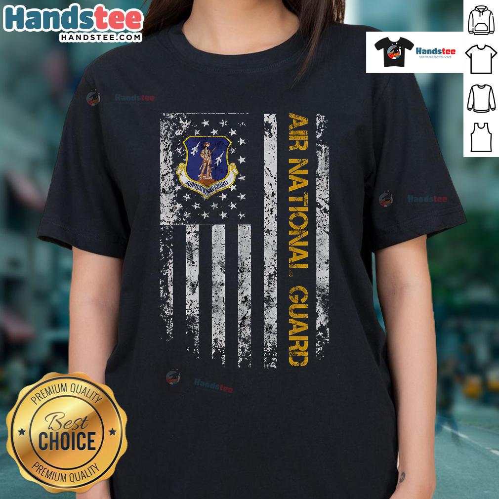 Official Air National Guard American Flag Ladies Tee featuring a patriotic design and comfortable fit for women.