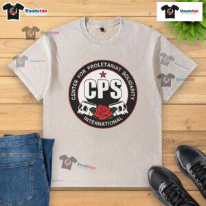 Alt Text: Official Center for Proletariat Solidarity logo on a washed t-shirt, promoting solidarity and worker rights.