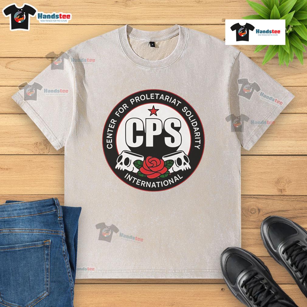 Alt Text: Official Center for Proletariat Solidarity logo on a washed t-shirt, promoting solidarity and worker rights.