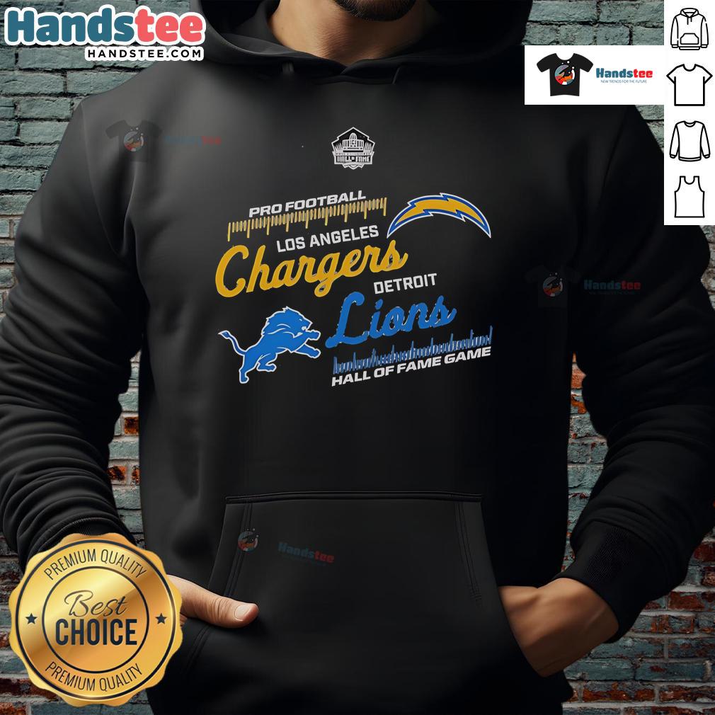 2025 Hall of Fame Game hoodie featuring Los Angeles Chargers vs. Detroit Lions design, perfect for football fans.