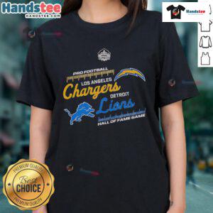 2025 Official Hall of Fame Game ladies tee featuring Los Angeles Chargers vs. Detroit Lions, perfect for fans.