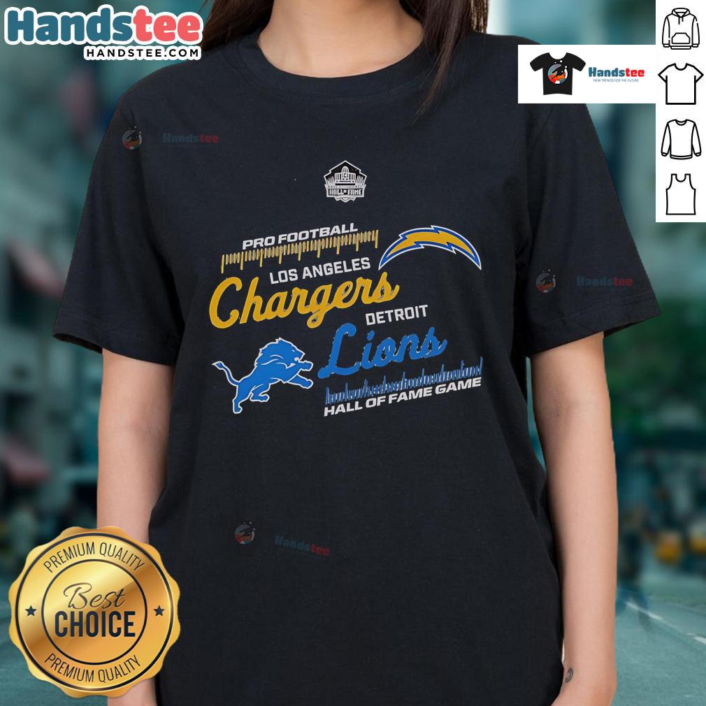 2025 Official Hall of Fame Game ladies tee featuring Los Angeles Chargers vs. Detroit Lions, perfect for fans.