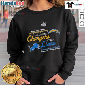 2025 Official Hall of Fame Game sweatshirt featuring Los Angeles Chargers vs. Detroit Lions design, perfect for fans.