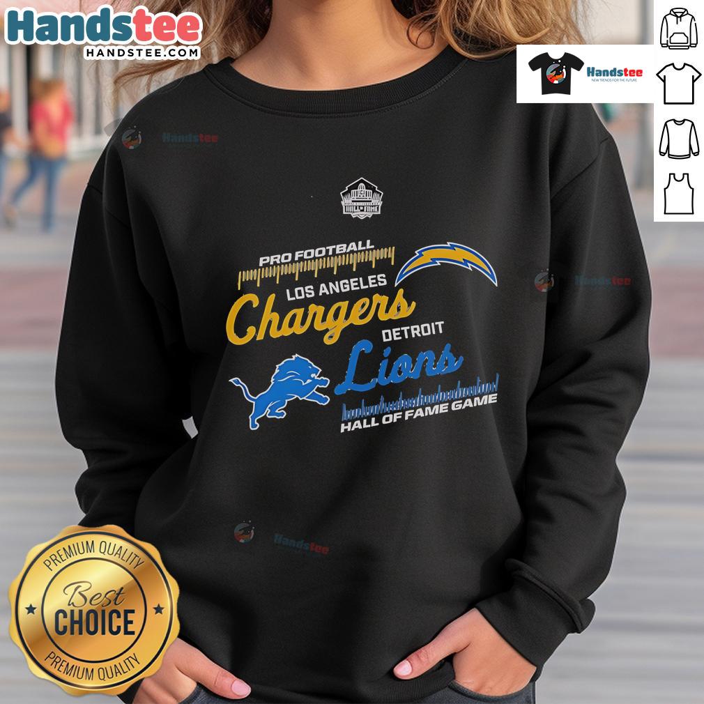 2025 Official Hall of Fame Game sweatshirt featuring Los Angeles Chargers vs. Detroit Lions design, perfect for fans.