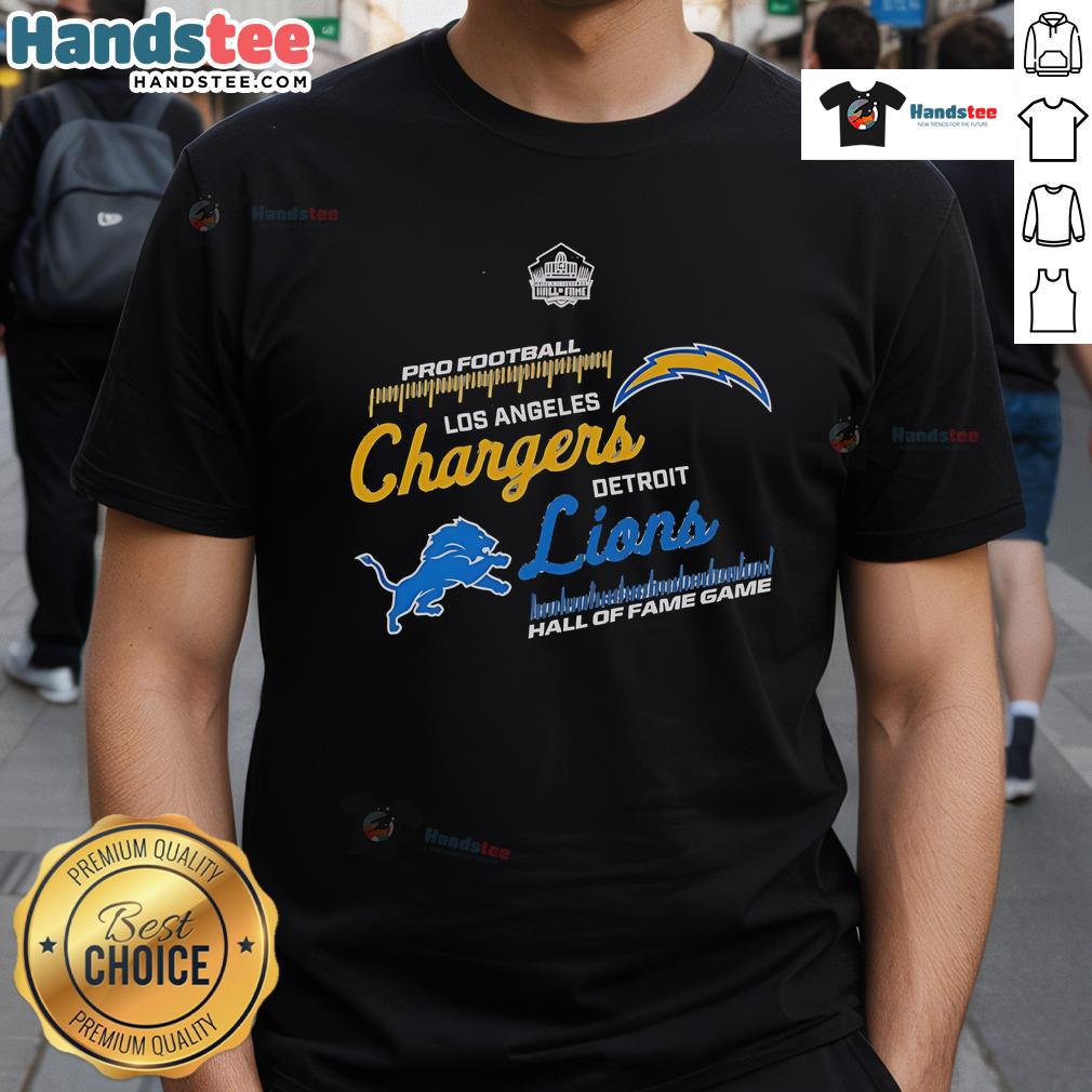 Alt Text: 2025 Hall of Fame Game T-Shirt featuring Los Angeles Chargers vs Detroit Lions design, perfect for football fans.