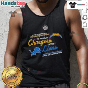 Official Hall of Fame Game 2025 tank top featuring Los Angeles Chargers vs Detroit Lions design for fans.