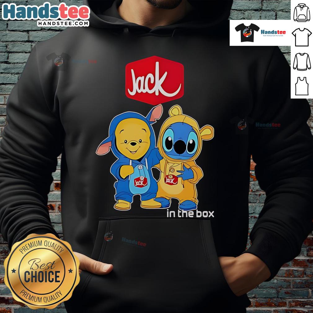 Official Jack In The Box Pooh and Stitch Friends Hoodie featuring colorful designs of beloved characters.