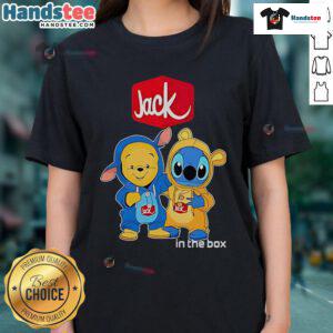 Official Jack In The Box Pooh and Stitch Friends Ladies Tee featuring colorful cartoon designs on a stylish shirt.