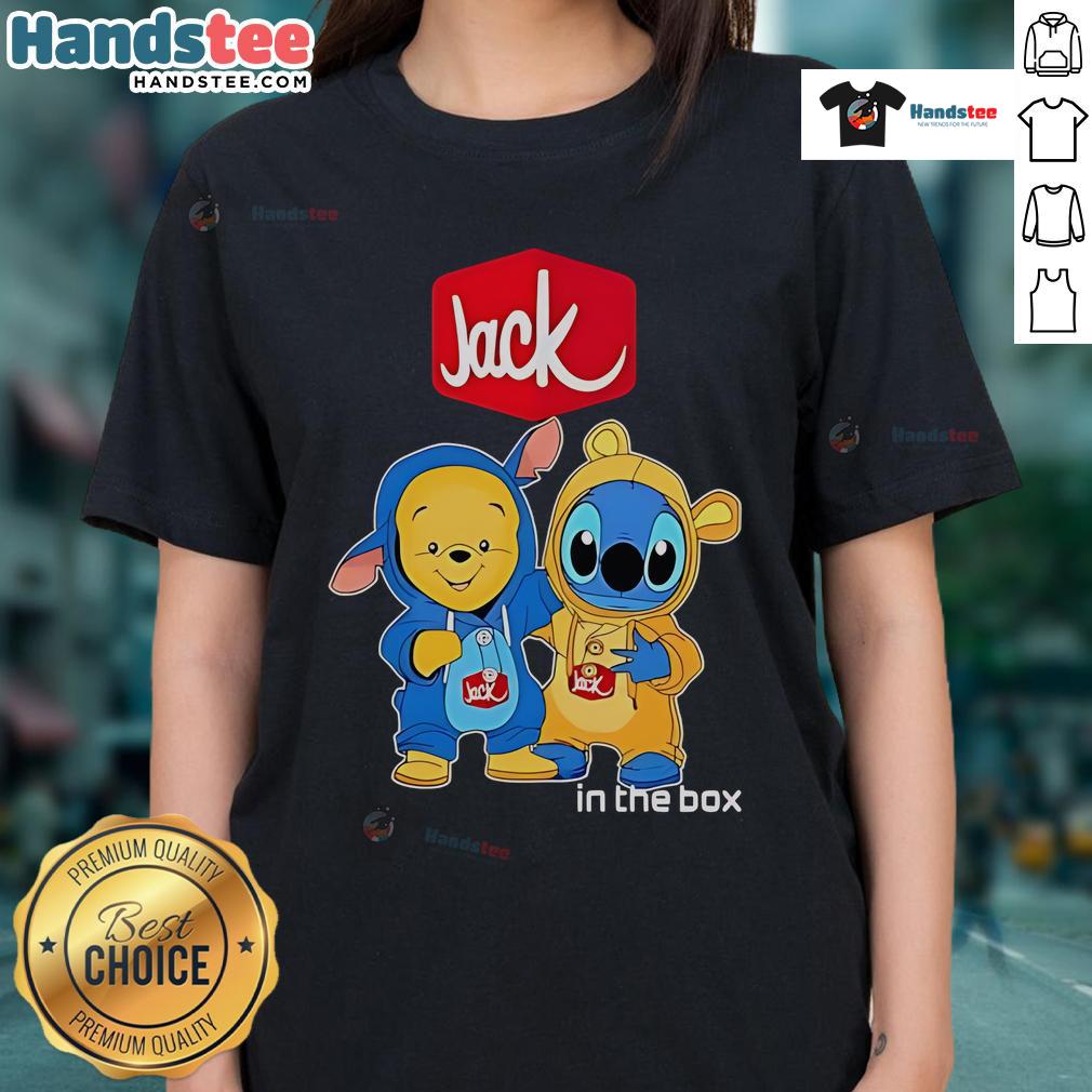 Official Jack In The Box Pooh and Stitch Friends Ladies Tee featuring colorful cartoon designs on a stylish shirt.