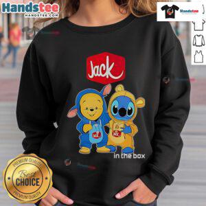 Official Jack In The Box Pooh And Stitch Friends Sweatshirt featuring colorful characters and cozy design.