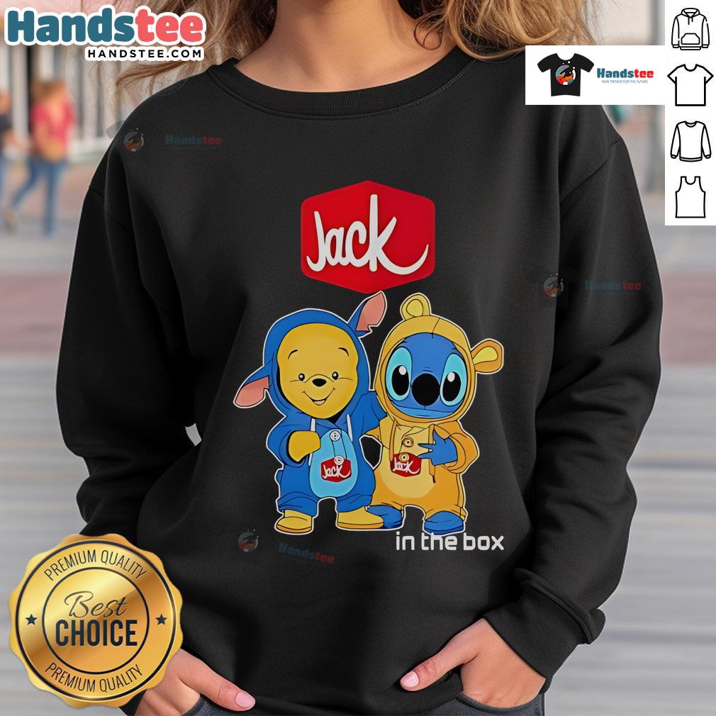 Official Jack In The Box Pooh And Stitch Friends Sweatshirt featuring colorful characters and cozy design.