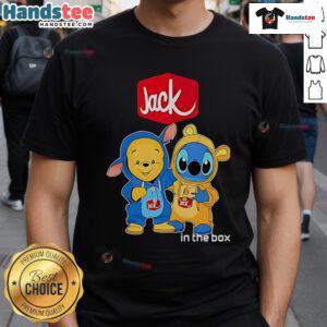 Alt Text: Official Jack In The Box Pooh and Stitch Friends T-Shirt featuring playful graphics of beloved characters.