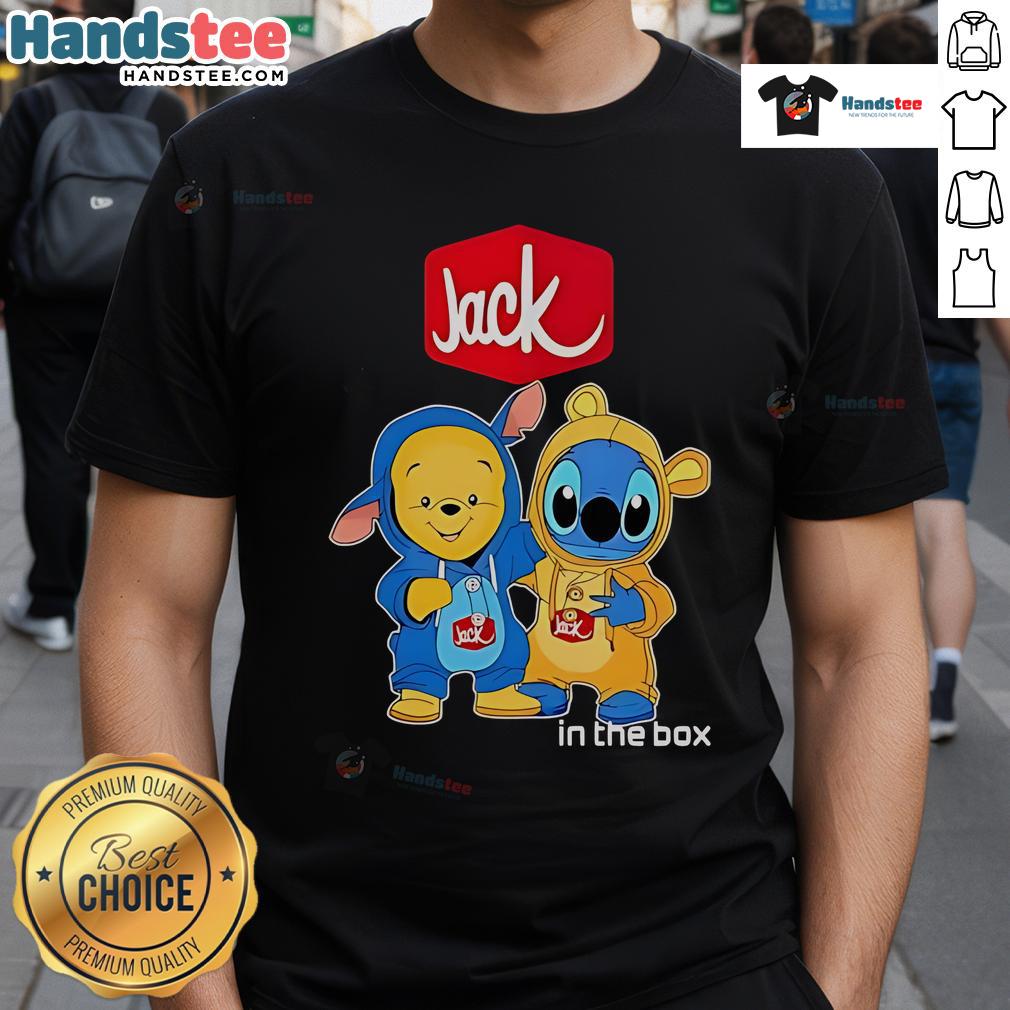 Alt Text: Official Jack In The Box Pooh and Stitch Friends T-Shirt featuring playful graphics of beloved characters.
