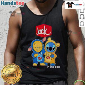 Official Jack In The Box Pooh and Stitch Friends Tank Top featuring vibrant characters for a fun summer look.