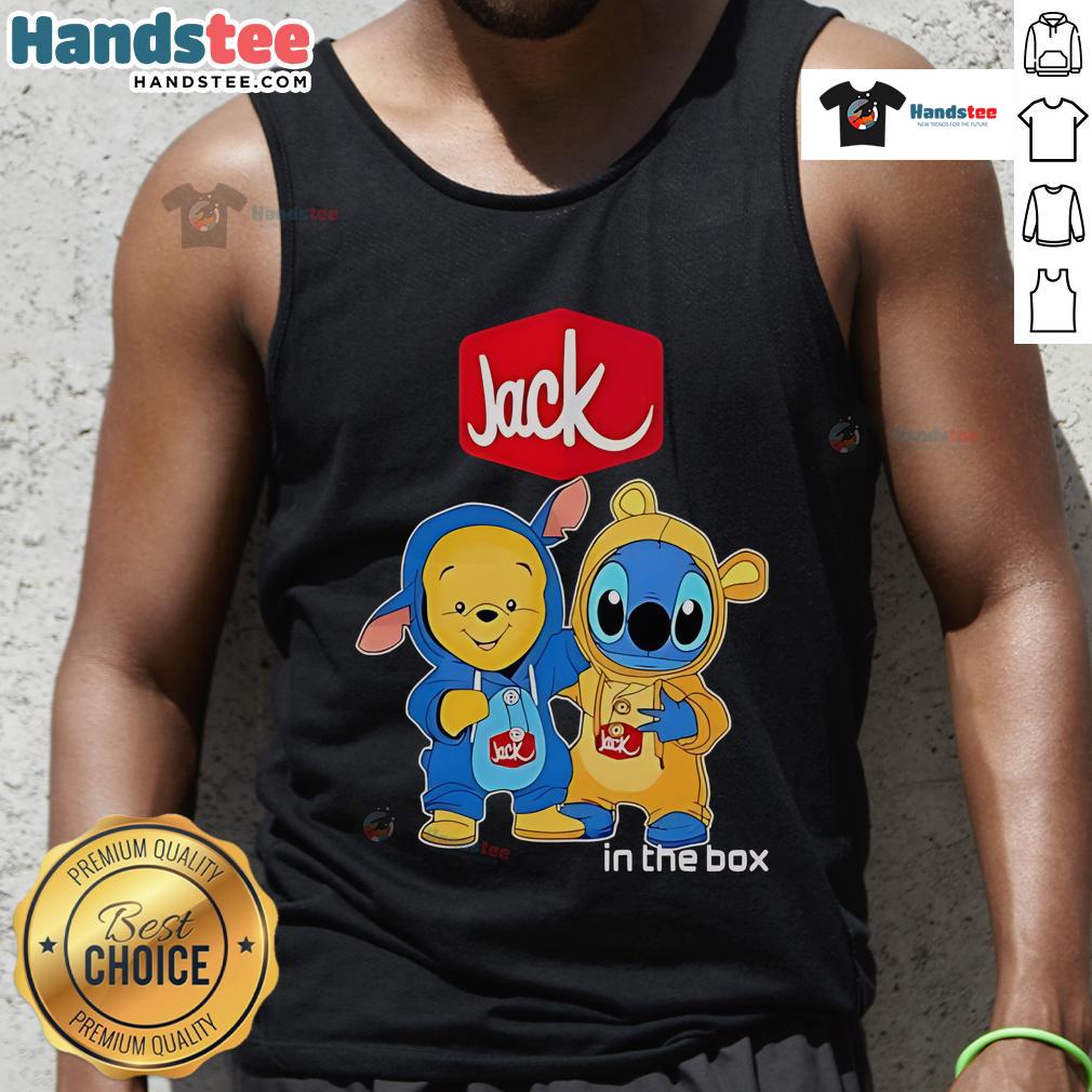 Official Jack In The Box Pooh and Stitch Friends Tank Top featuring vibrant characters for a fun summer look.
