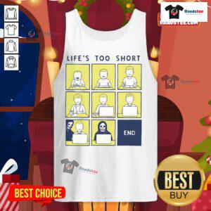 Alt Text: Official Life Is Short comic strip tank top featuring a fun, humorous design for casual wear.