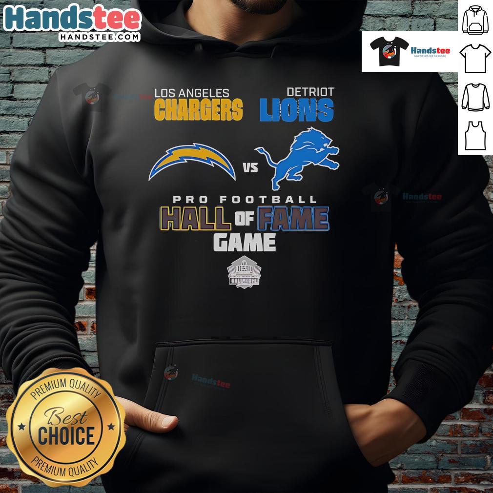 Alt Text: Official Los Angeles Chargers vs Detroit Lions Hall of Fame Game 2025 hoodie featuring team logos and vibrant design.