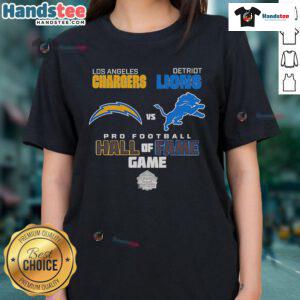 Official Los Angeles Chargers vs Detroit Lions Hall of Fame Game 2025 ladies tee featuring team logos and vibrant colors.