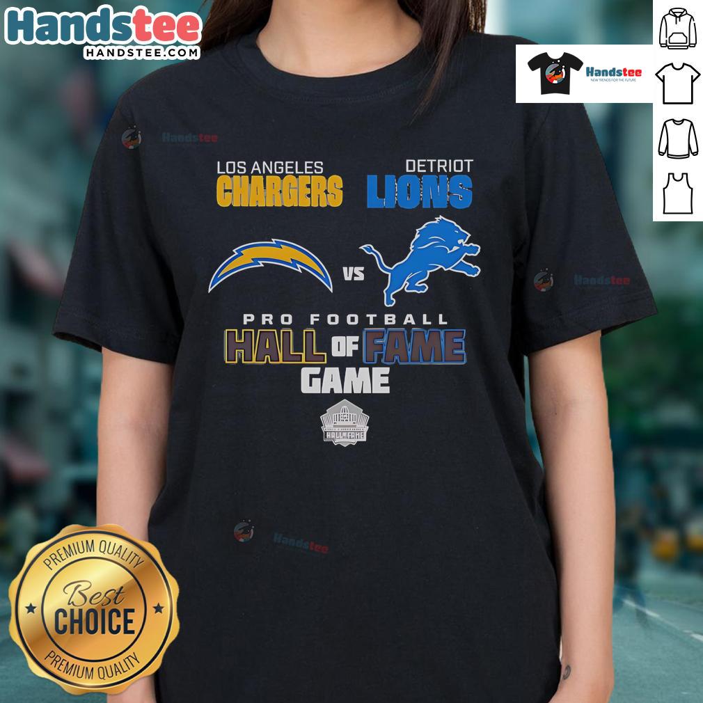 Official Los Angeles Chargers vs Detroit Lions Hall of Fame Game 2025 ladies tee featuring team logos and vibrant colors.