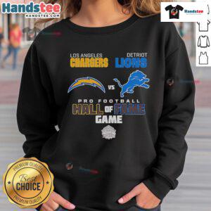 Official Los Angeles Chargers vs Detroit Lions Hall of Fame Game 2025 sweatshirt showcasing team logos and vibrant design.