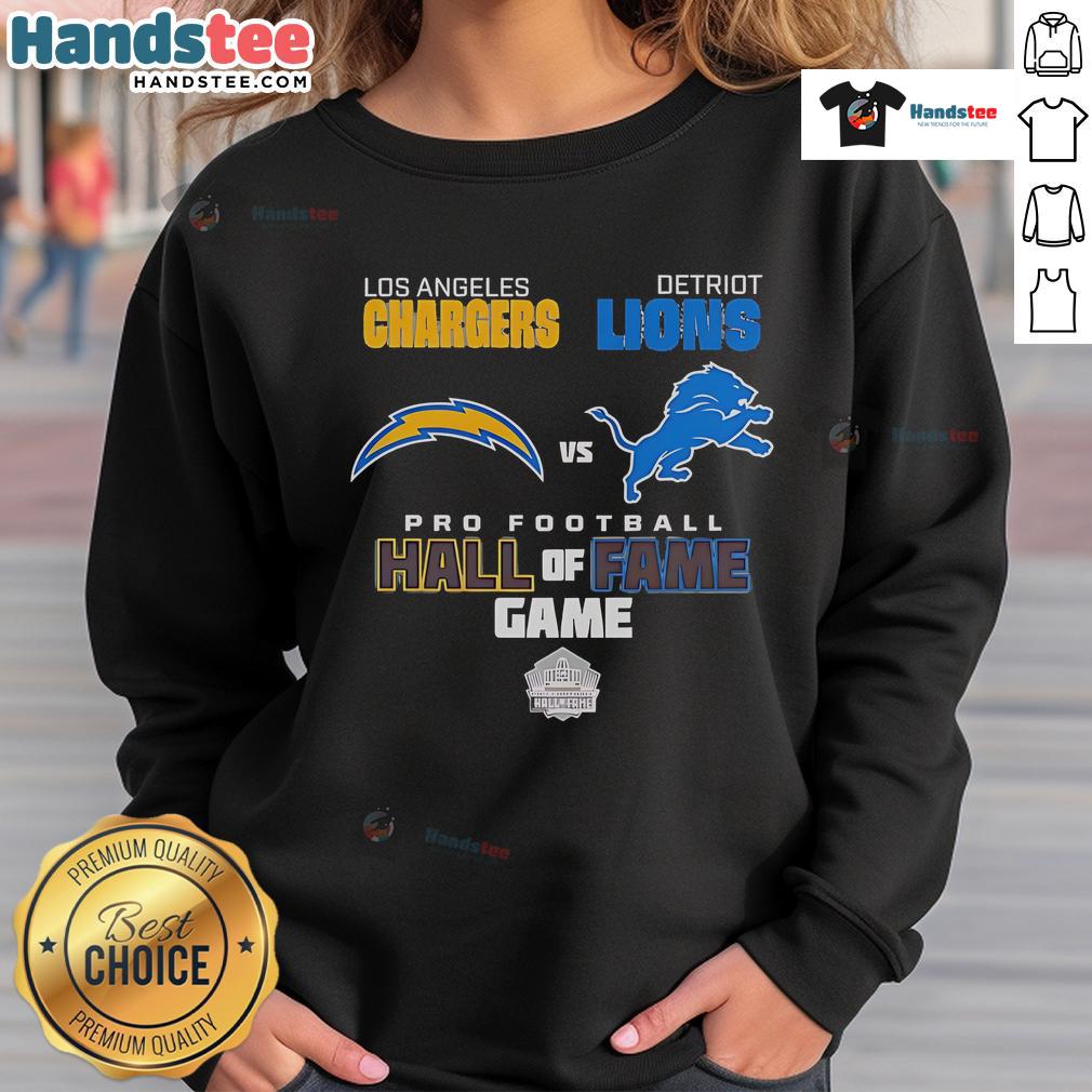 Official Los Angeles Chargers vs Detroit Lions Hall of Fame Game 2025 sweatshirt showcasing team logos and vibrant design.